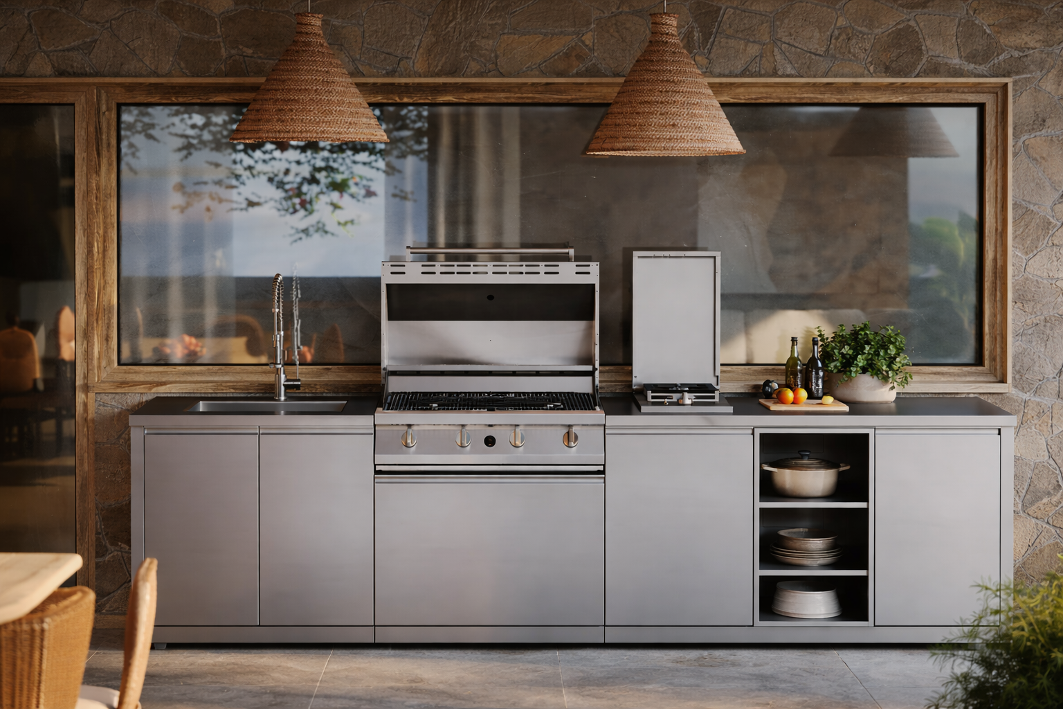 Cuisine extérieure en acier inoxydable, avec barbecue et évier, sous une terrasse couverte